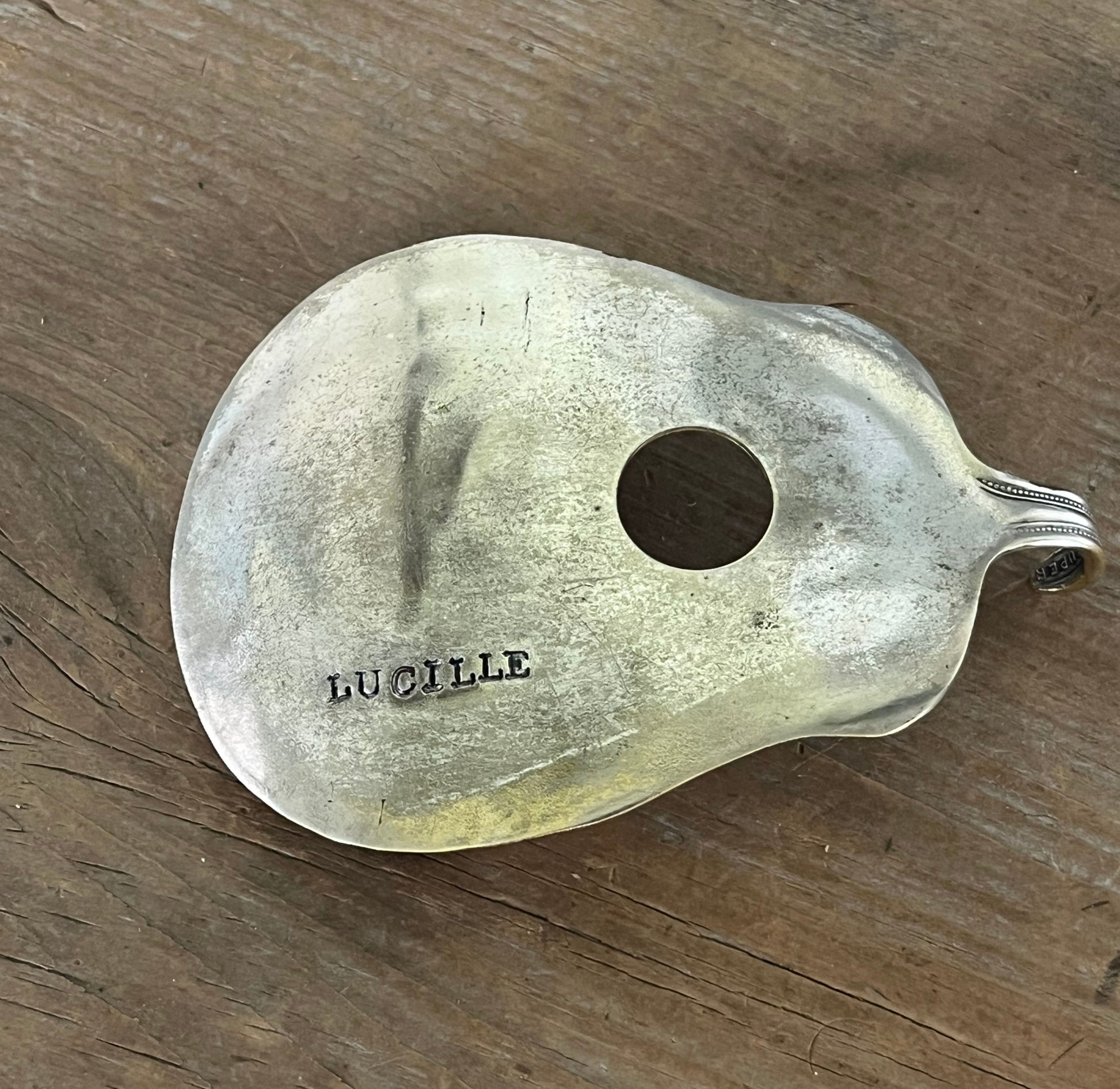 Lucille guitar spoon belt buckle, close up of patina - handcrafted from upcycled vintage silverware - Laughing Frog Studio