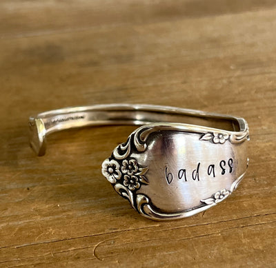 BADASS hand-stamped Affection cuff bracelet - handcrafted from upcycled 1960 Community Silverplate vintage silverware - Laughing Frog Studio