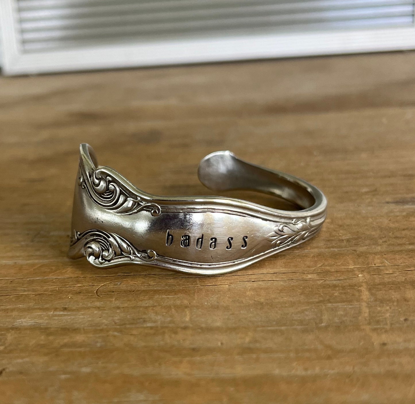 BADASS hand-stamped Queen Ann cuff bracelet - handcrafted from upcycled 1905 Oneida silverplate vintage silverware - Laughing Frog Studio