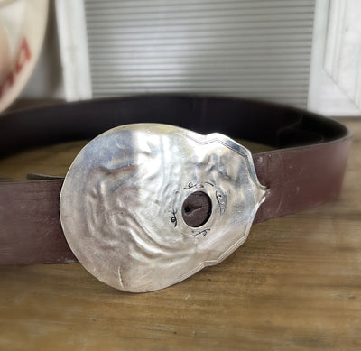 Guitar spoon belt buckle styled on leather snap belt - handcrafted from upcycled vintage silverplate - Laughing Frog Studio