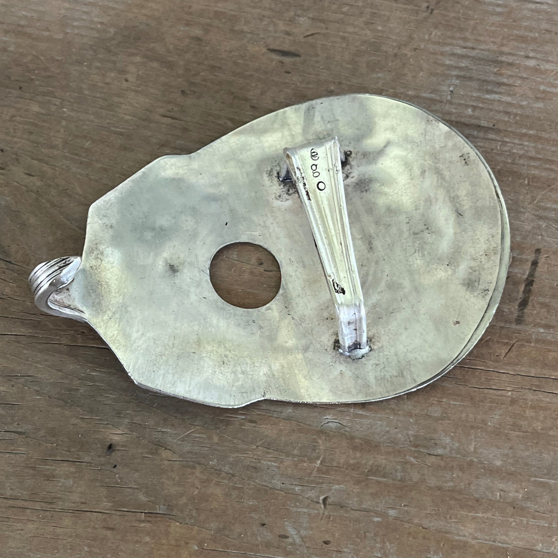 Back view of spoon buckle including catch detail - repurposed Manchego cheese marker hardware - handcrafted from upcycled vintage silverware - Laughing Frog Studio