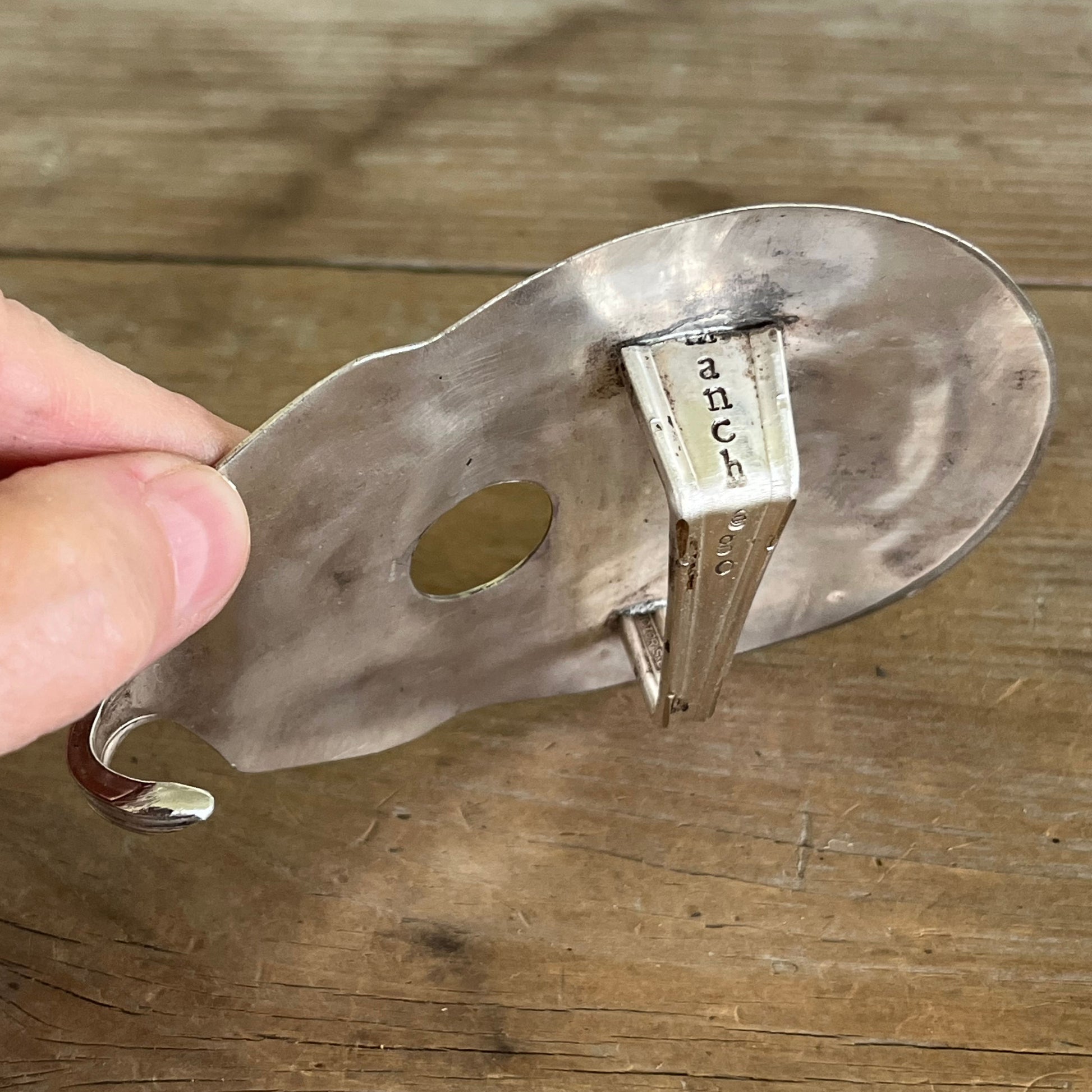 Back catch detail on guitar spoon belt buckle - repurposed Manchego cheese marker hardware - handcrafted from upcycled vintage silverware - Laughing Frog Studio