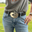 Guitar spoon belt buckle handcrafted from upcycled vintage silverplate - one-of-a-kind silverware accessory for music lovers - Laughing Frog Studio