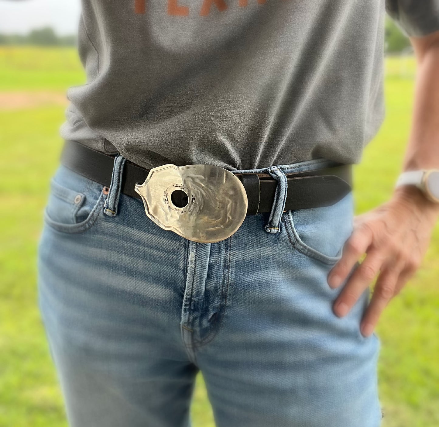 Guitar spoon belt buckle handcrafted from upcycled vintage silverplate - one-of-a-kind silverware accessory for music lovers - Laughing Frog Studio