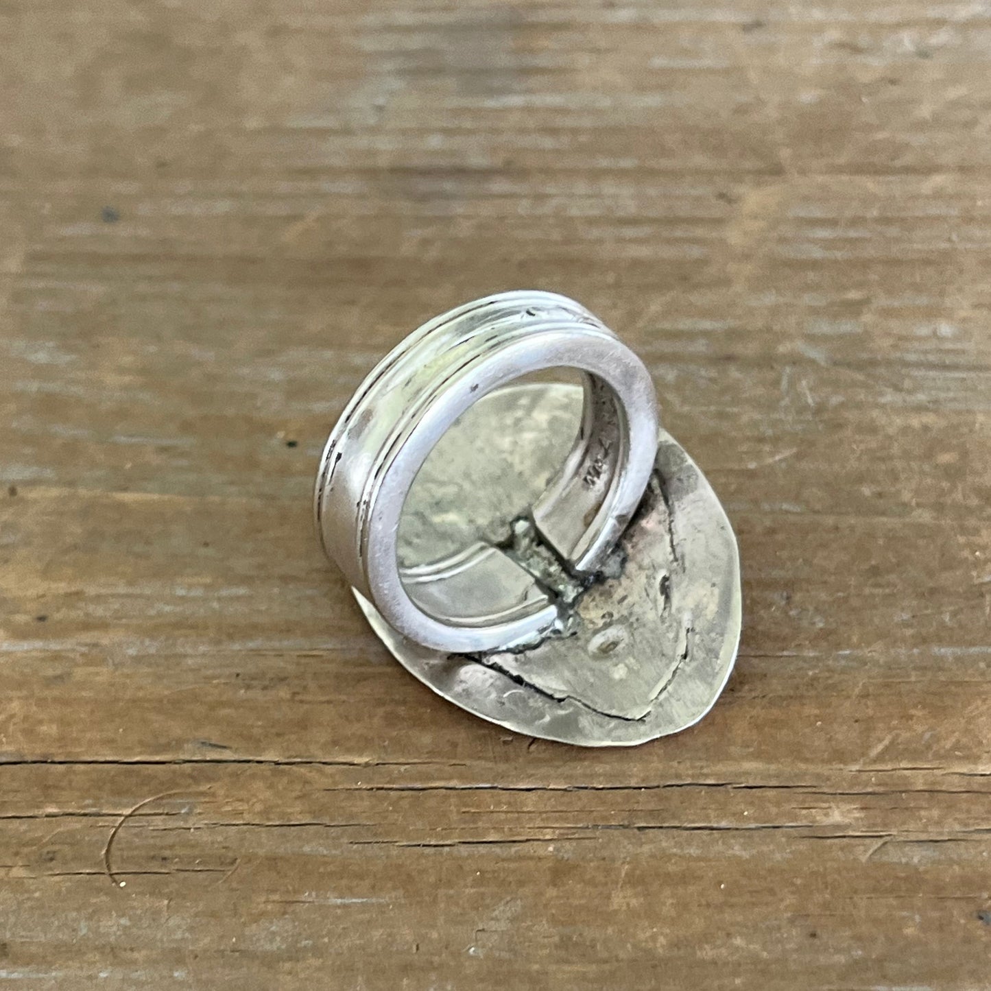 backside view of FLORA Women of Nature statement ring - handcrafted from upcycled vintage silverplate demi-tasse spoon - size 8.5 - Laughing Frog Studio