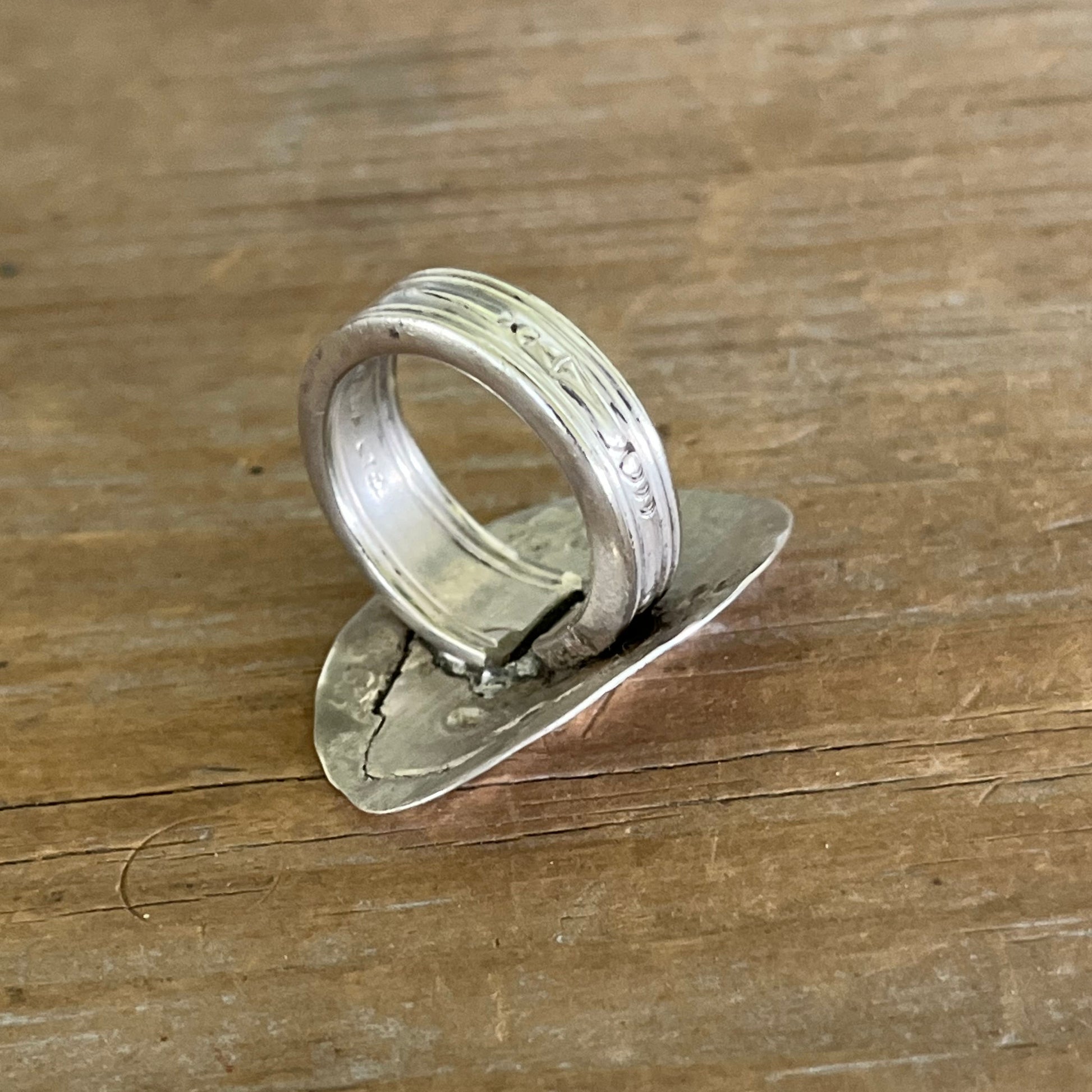 Stripe and dot-dash design on reclaimed silverware shank - FLORA Women of Nature spoon ring - handcrafted upcycled jewelry - Laughing Frog Studio