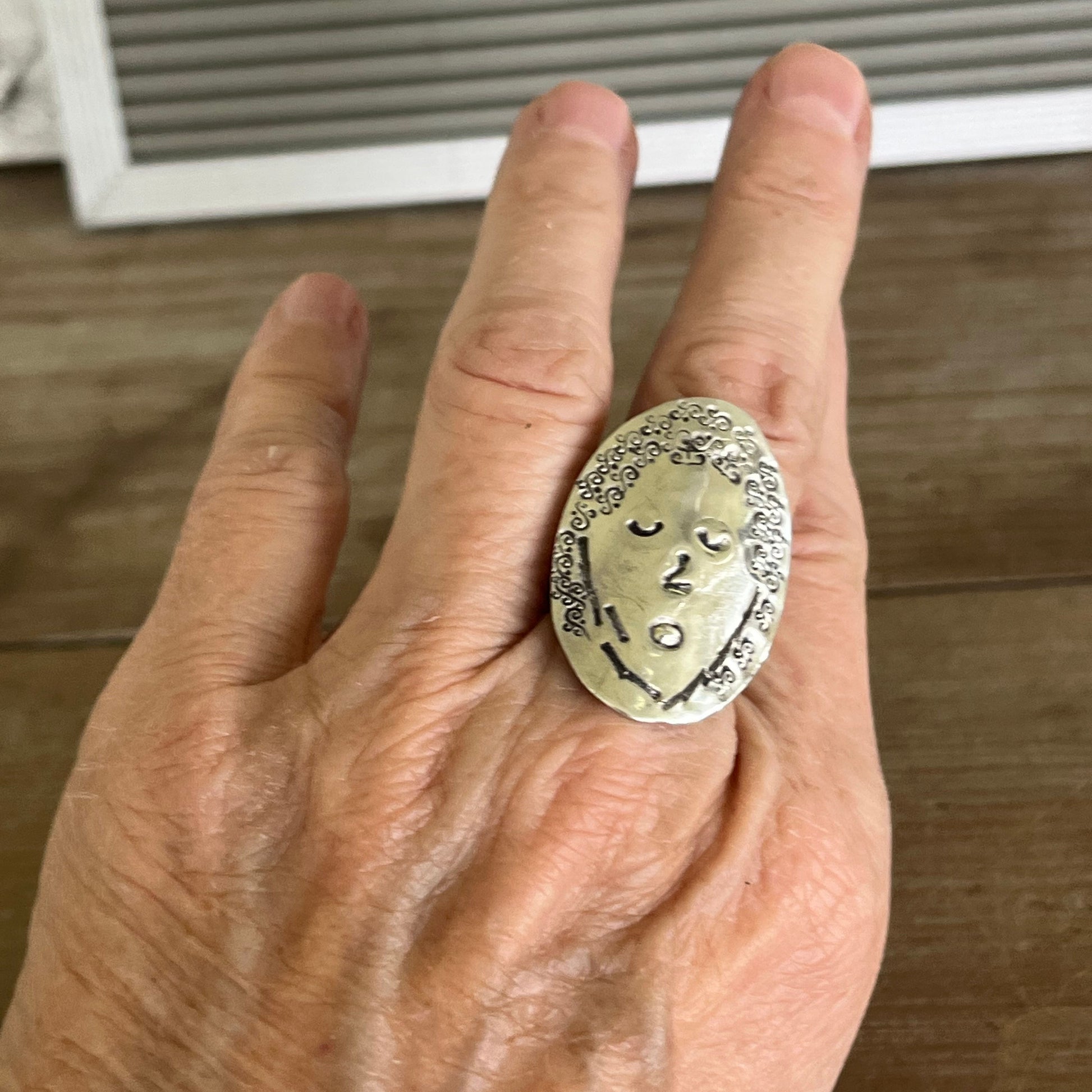 FLORA Women of Nature spoon ring size 8.5 worn on hand - one-of-a-kind handcrafted upcycled vintage silverware jewelry - Laughing Frog Studio