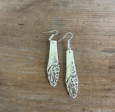 Floral Oneida Evening Star teardrop spoon earrings flay lay - handcrafted from upcycled vintage silverware - Laughing Frog Studio