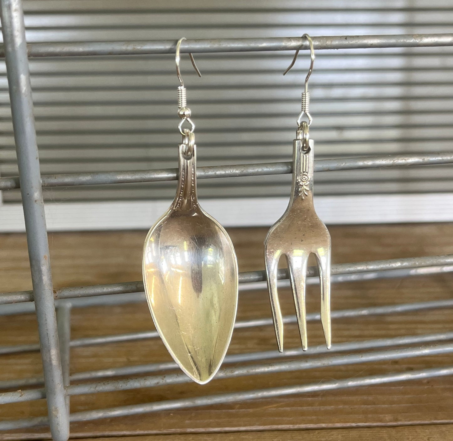 Mismatched demitasse spoon and cocktail fork earrings - handcrafted from upcycled vintage silverware - Laughing Frog Studio