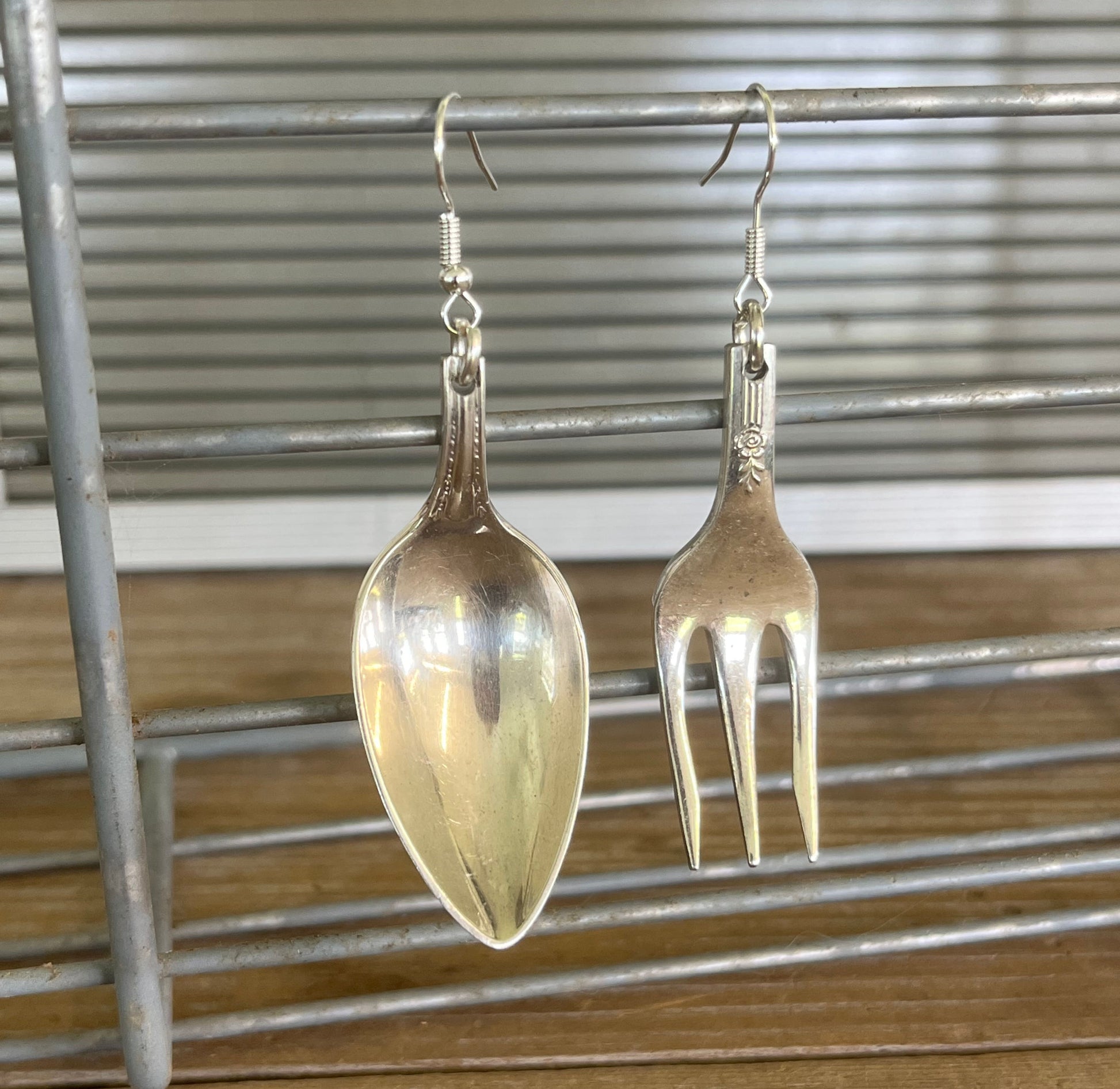 Mismatched demitasse spoon and cocktail fork earrings - handcrafted from upcycled vintage silverware - Laughing Frog Studio