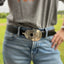 Guitar spoon belt buckle worn on leather snap belt - handcrafted from upcycled 1913 Wm. Rogers & Son Fair Oak silverplate - Laughing Frog Studio