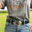 Guitar spoon belt buckle worn on model's belt - handcrafted from upcycled 1913 Wm. Rogers & Son Fair Oak silverplate - Laughing Frog Studio
