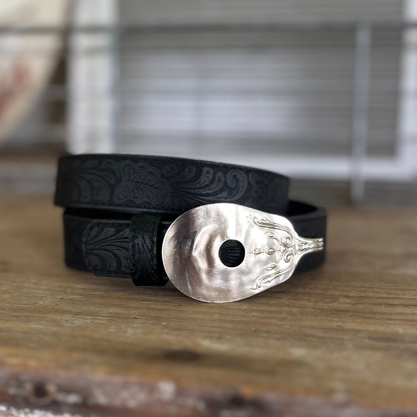 Guitar spoon belt buckle handcrafted from upcycled vintage silverplate - shown on snap belt - Laughing Frog Studio