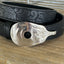 Guitar spoon belt buckle close up photo - handcrafted from upcycled vintage silverplate spoon - Laughing Frog Studio