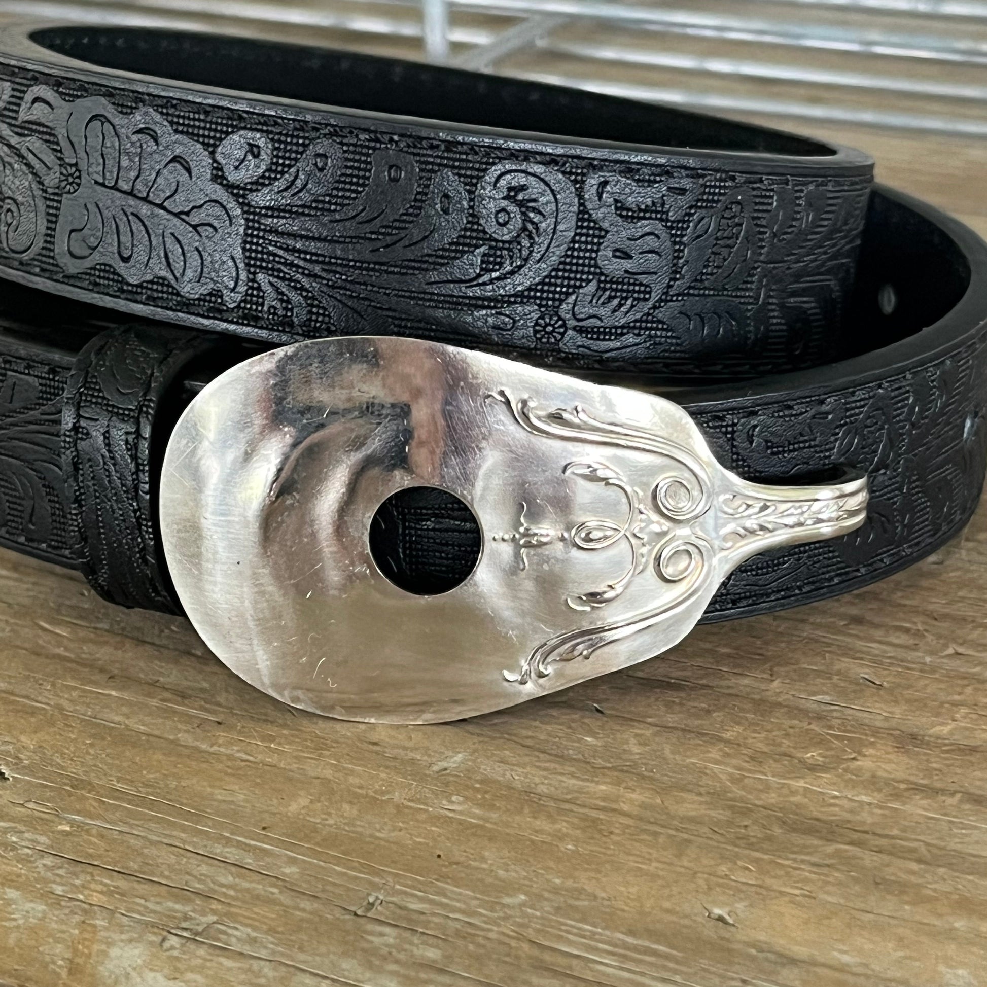 Guitar spoon belt buckle close up photo - handcrafted from upcycled vintage silverplate spoon - Laughing Frog Studio