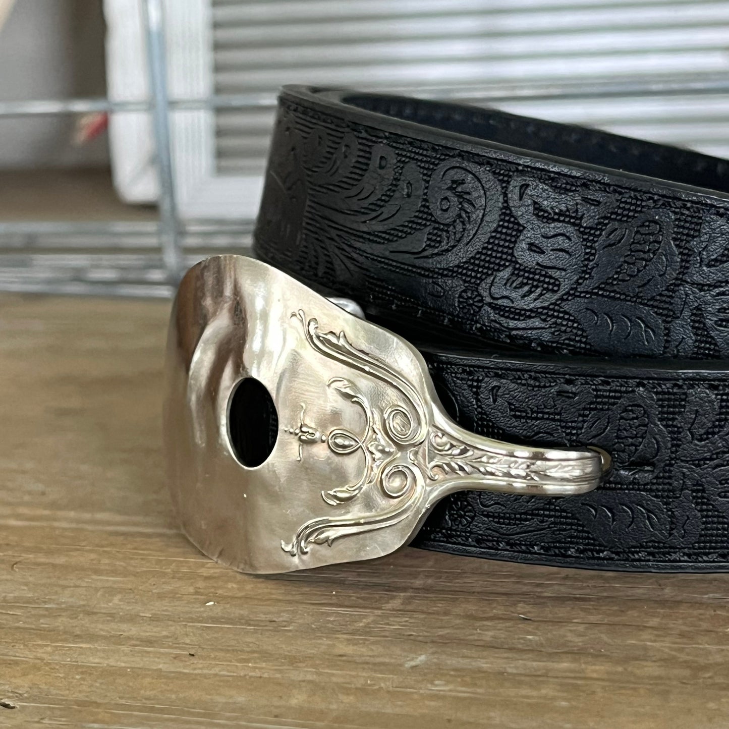 Guitar spoon belt buckle ornate detail view - handcrafted from upcycled vintage silverplate spoon - Laughing Frog Studio