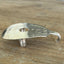 Side view of guitar spoon belt buckle showing depth and guitar body shape - handcrafted from upcycled vintage silverware - Laughing Frog Studio