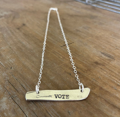 VOTE COMMUNITY bar pendant necklace full view - handcrafted from upcycled 1955 Community Silverplate South Seas spoon - Laughing Frog Studio