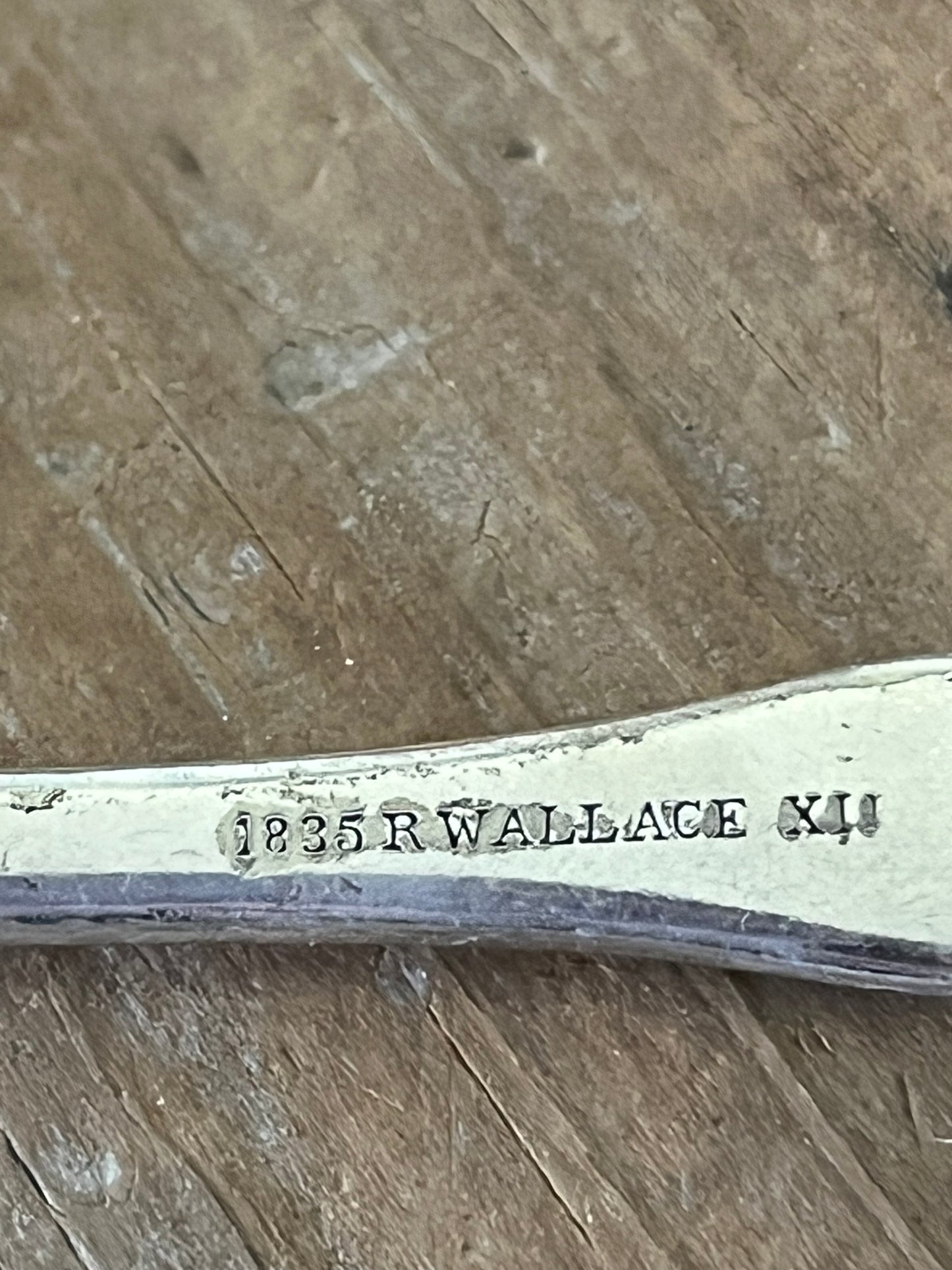 VOTE bar choker necklace super close up view of manufacturer original stamping - hand-stamped upcycled vintage Wallace silverplate - Laughing Frog Studio