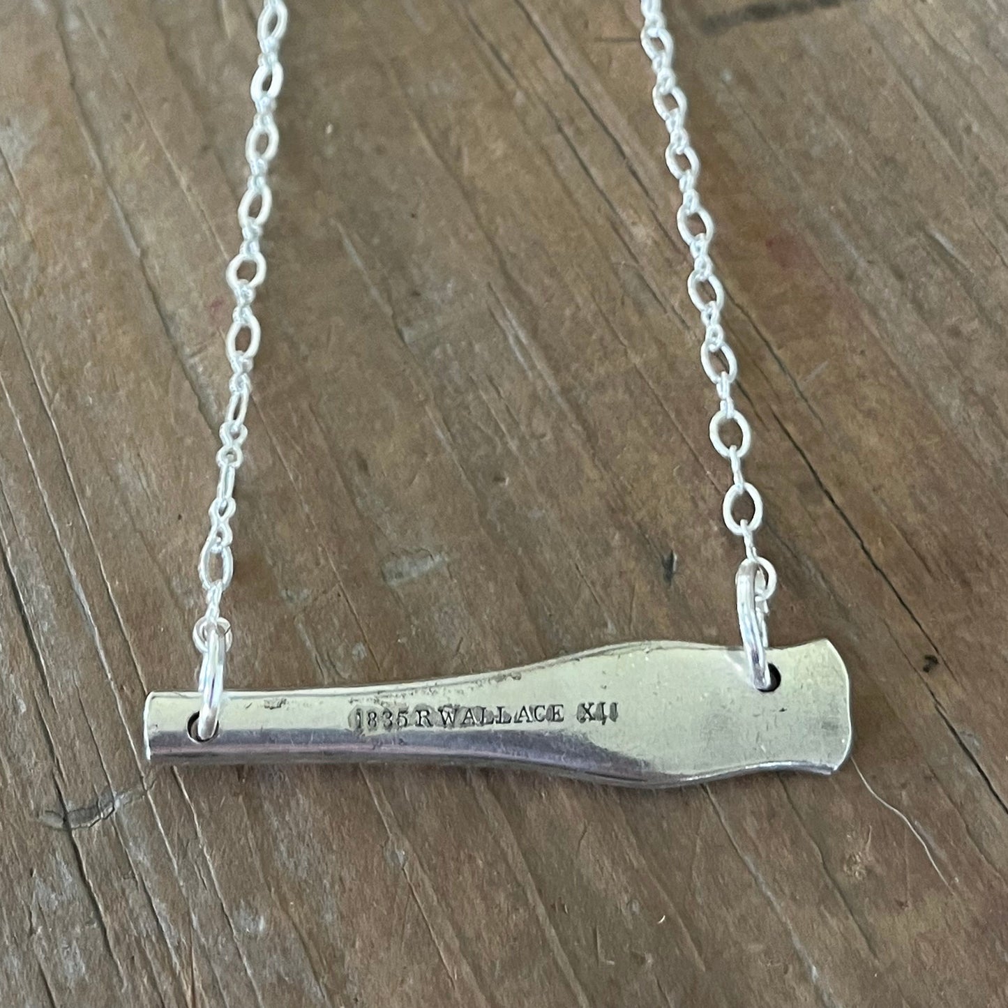VOTE bar choker necklace full flat lay back stamping view - hand-stamped upcycled vintage Wallace silverplate - Laughing Frog Studio