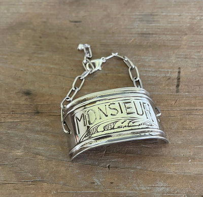 Top view of vintage silverplate napkin ring link bracelet with Monsieur engraving - handcrafted from upcycled vintage silverware - Laughing Frog Studio