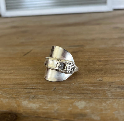 Bold spoon cuff ring ETERNALLY YOURS pattern with floral detail - handcrafted from upcycled vintage silverware - Laughing Frog Studio
