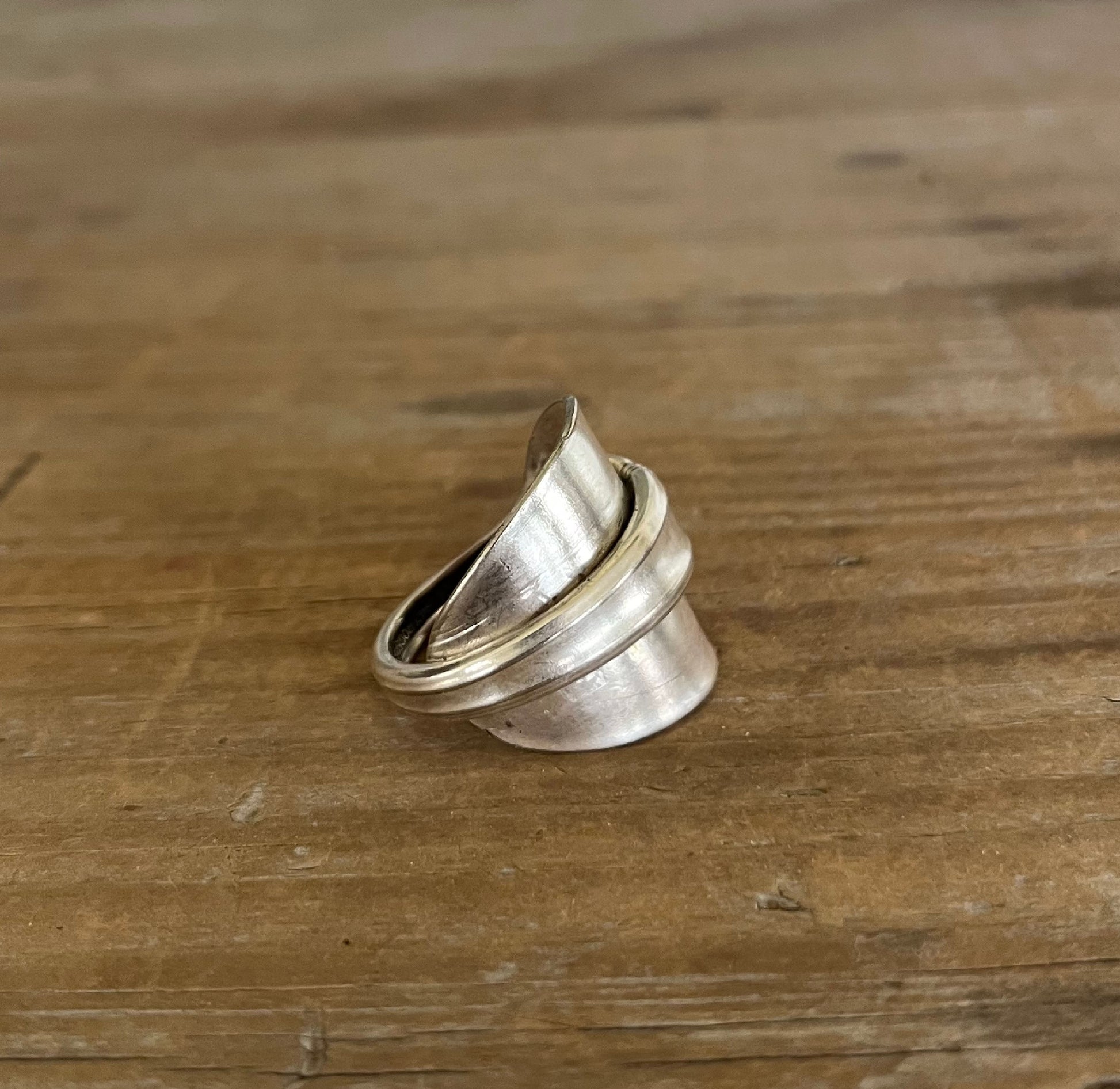 Alternate view bold spoon cuff ring ETERNALLY YOURS pattern with floral detail - handcrafted from upcycled vintage silverware - Laughing Frog Studio