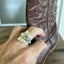 Spoon cuff ring ETERNALLY YOURS worn with brown cowboy boot showing bold statement style - handcrafted from upcycled vintage silverware - Laughing Frog Studio