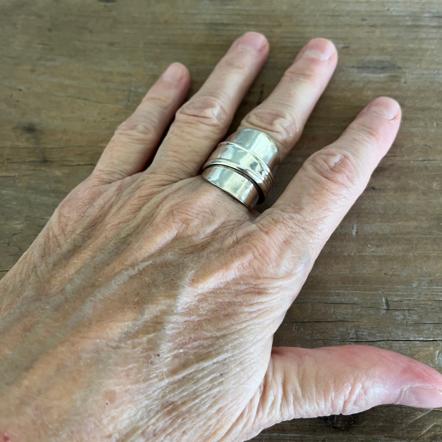Spoon cuff ring handcrafted from vintage silverplate modeled on a hand - wide band ring - handcrafted from upcycled vintage silverware - Laughing Frog Studio