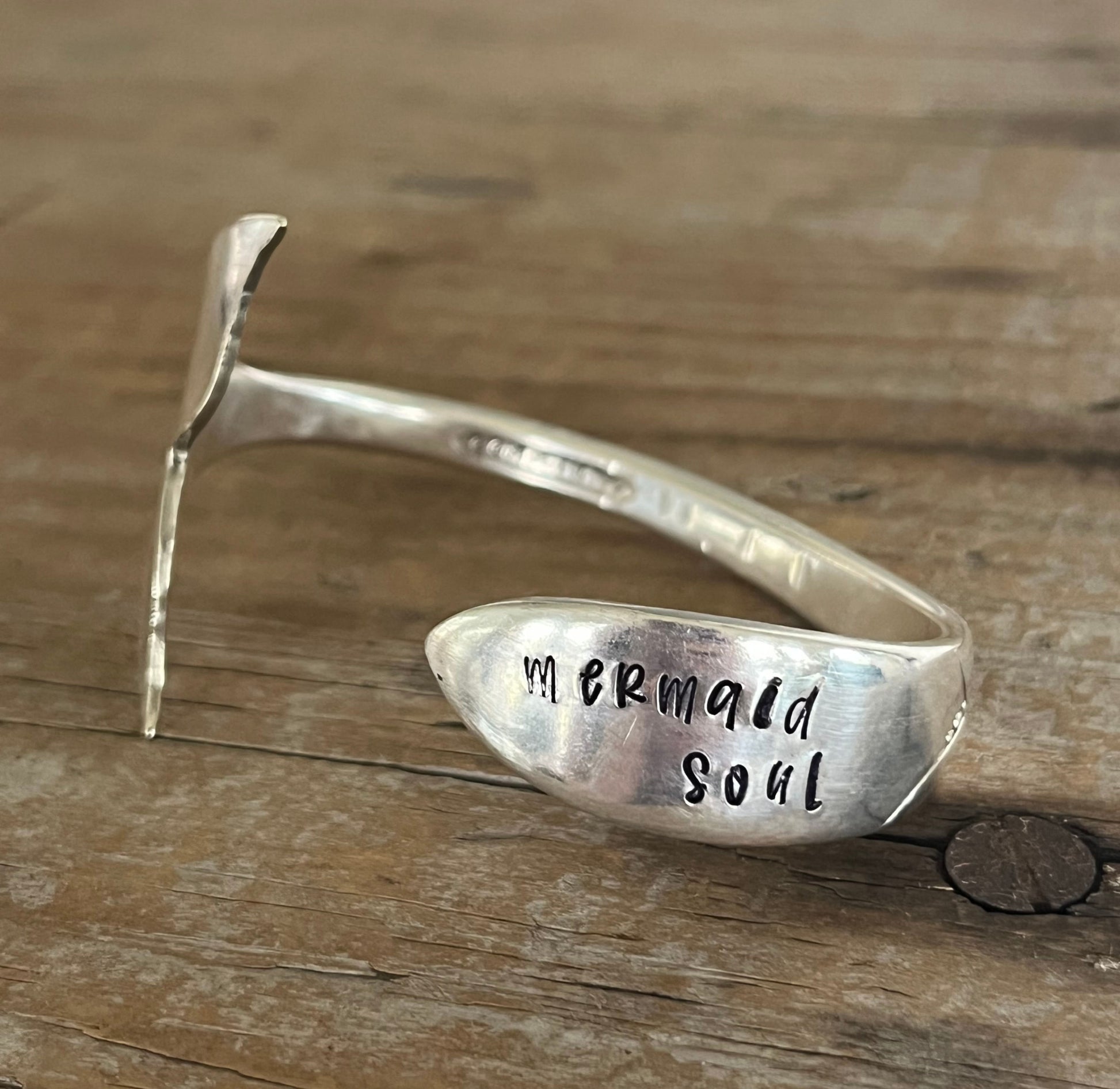 Hand-stamped "mermaid soul" on spoon bowl cuff bracelet - Mermaid Soul Spoon Cuff Bracelet - handcrafted from upcycled vintage silverware - Laughing Frog Studio