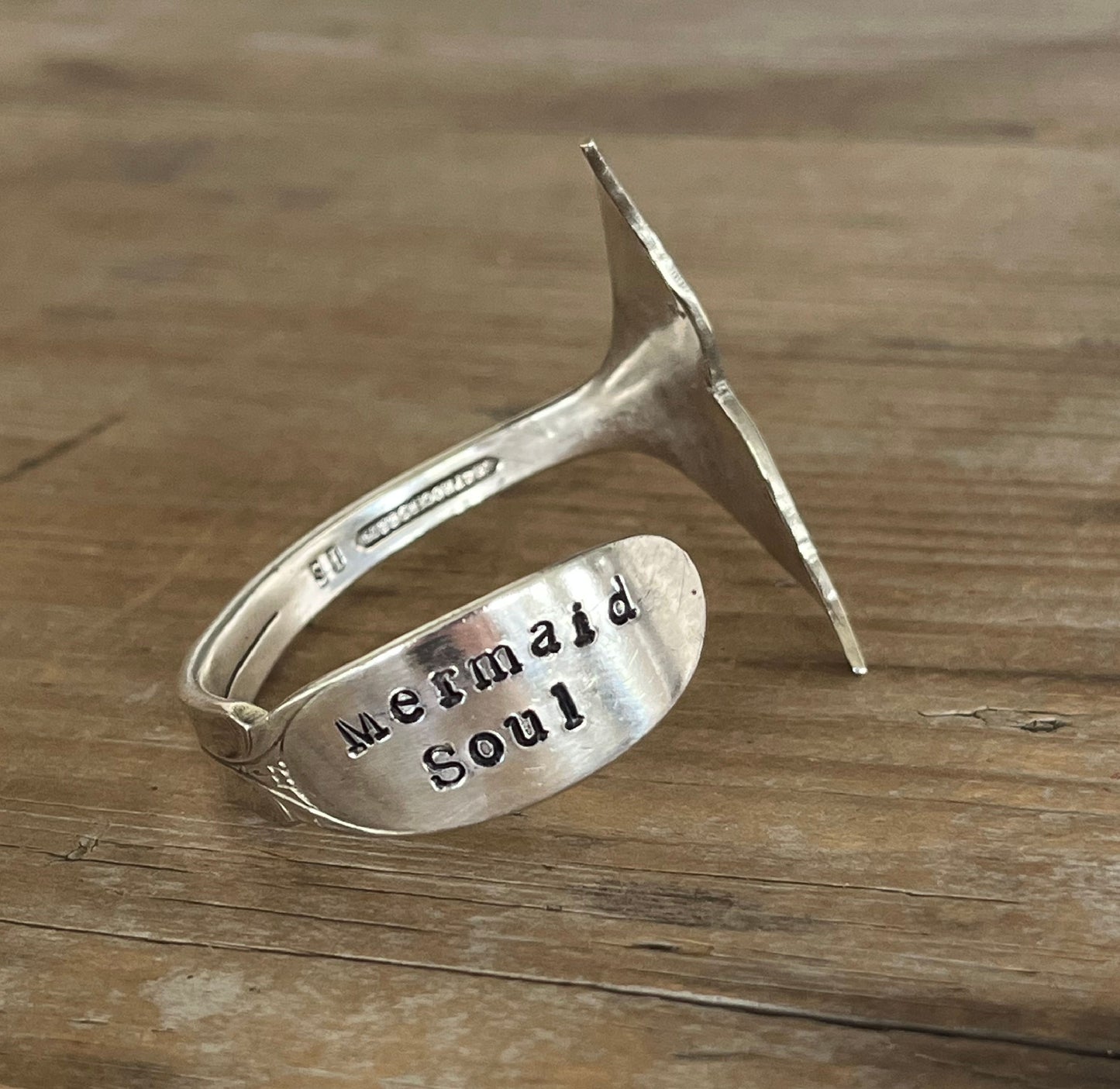 Hand-stamped "Mermaid Soul" on spoon bowl cuff bracelet in Sylva pattern - Mermaid Soul Spoon Cuff Bracelet - handcrafted from upcycled vintage silverware - Laughing Frog Studio