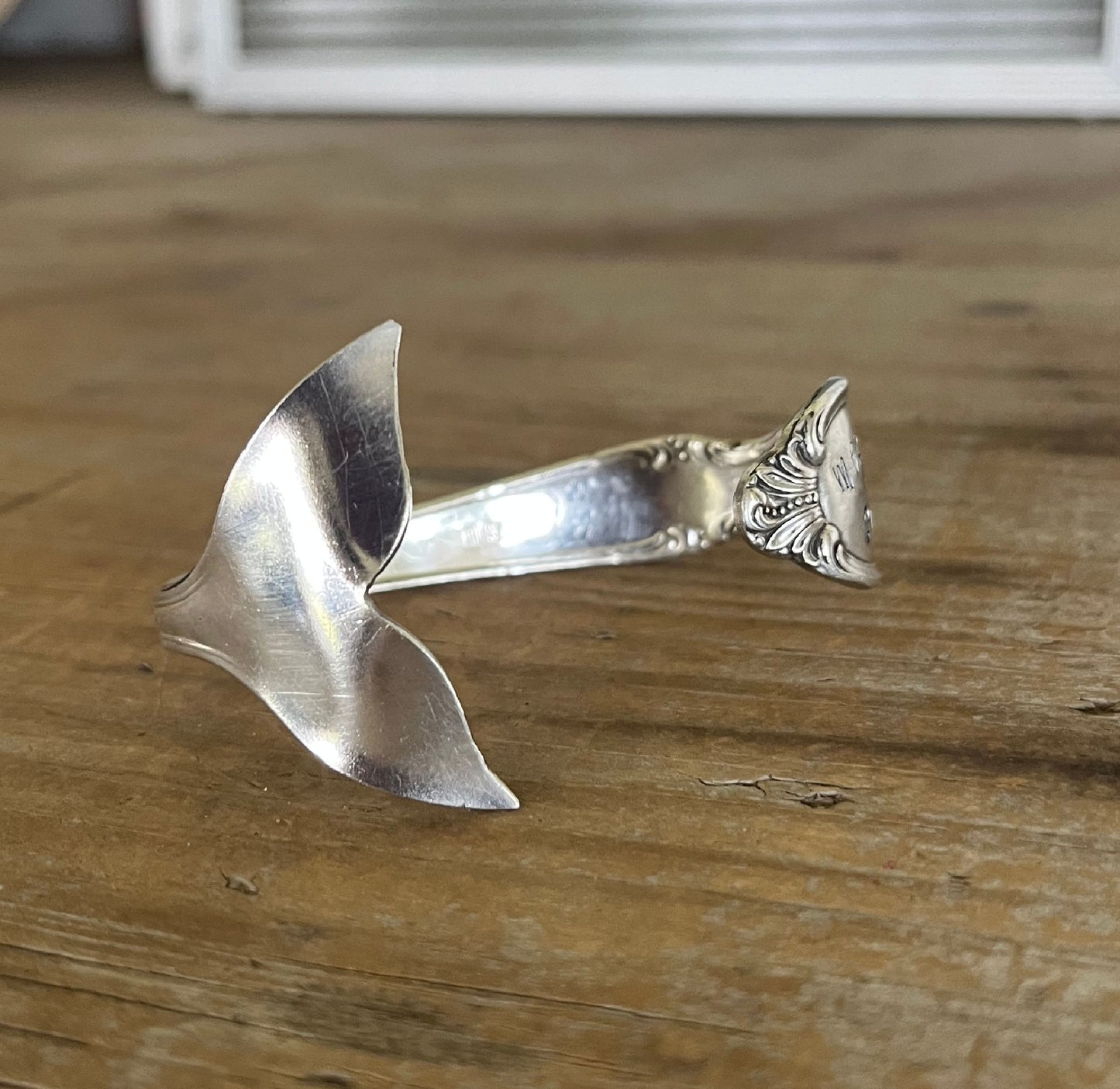 Side view - Mermaid Soul Precious Mirror pattern spoon cuff bracelet - handcrafted from upcycled vintage silverware - Laughing Frog Studio