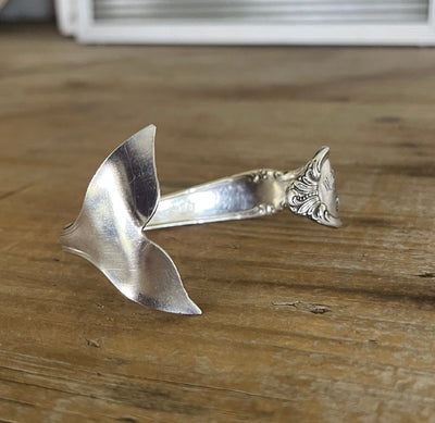 Side view - Mermaid Soul Precious Mirror pattern spoon cuff bracelet - handcrafted from upcycled vintage silverware - Laughing Frog Studio