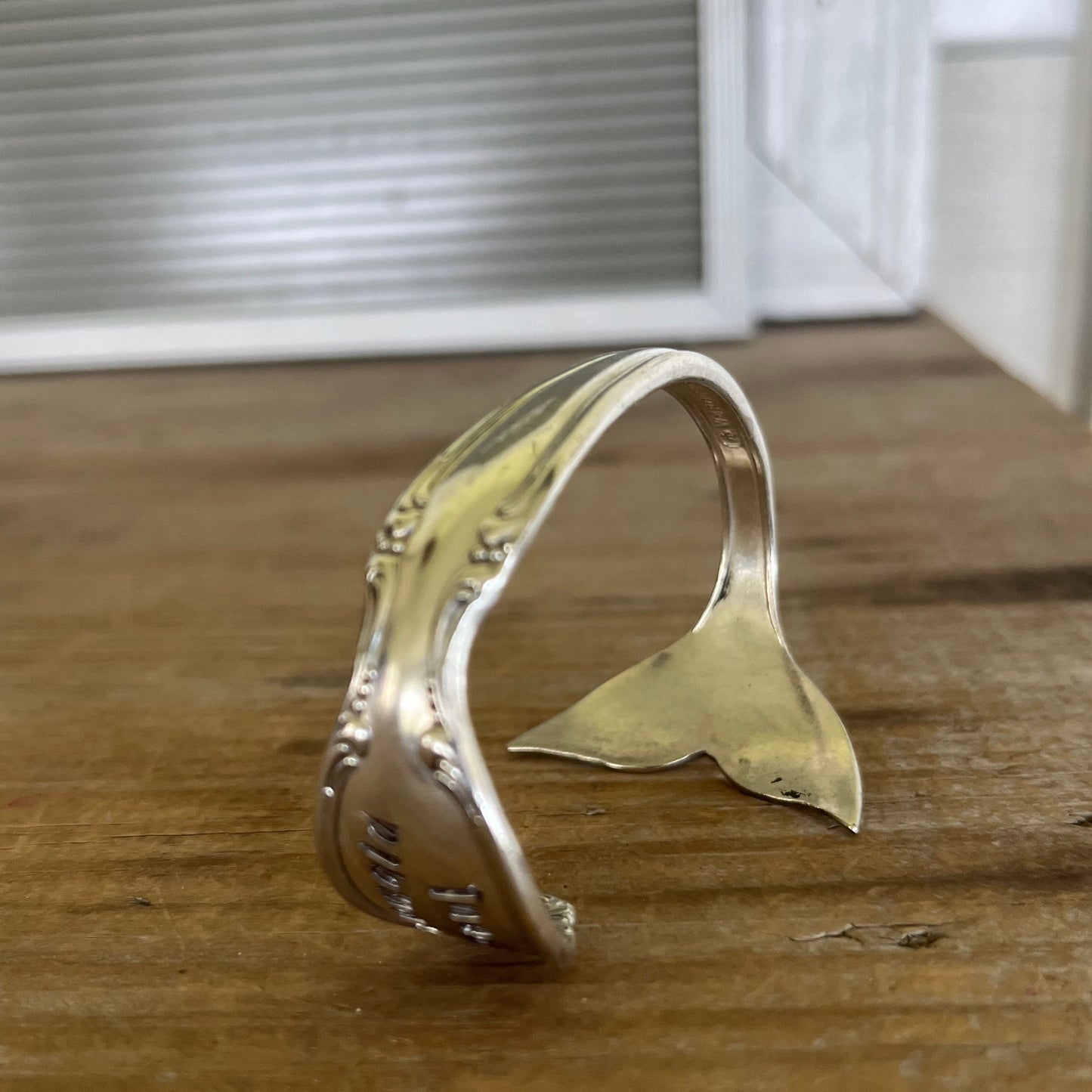 Top view - Mermaid Soul Precious Mirror pattern spoon cuff bracelet - handcrafted from upcycled vintage silverware - Laughing Frog Studio