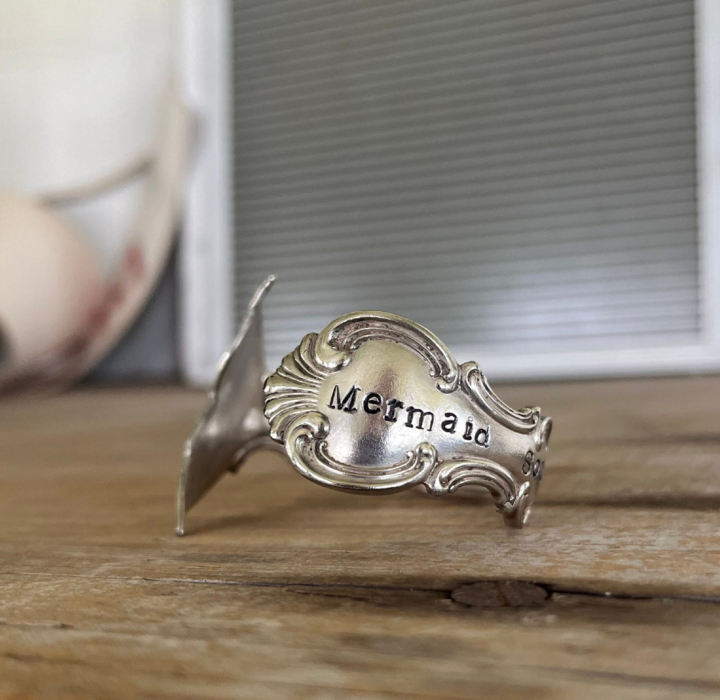 Side view - Mermaid Soul Troy pattern spoon cuff bracelet - handcrafted from upcycled vintage silverware - Laughing Frog Studio