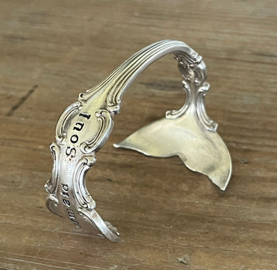 Top view - Mermaid Soul Troy pattern spoon cuff bracelet - handcrafted from upcycled vintage silverware - Laughing Frog Studio
