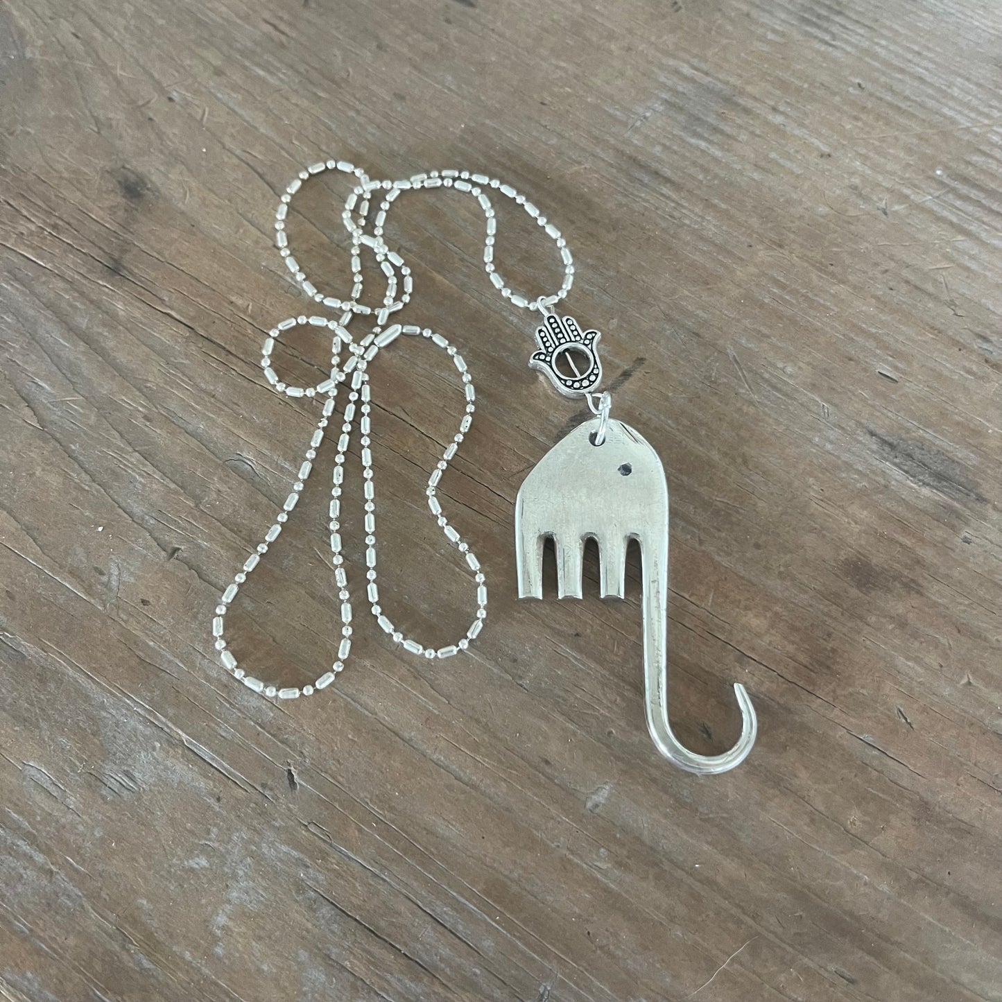 Fork elephant pendant necklace with Hamsa hand charm on silverplate chain - handcrafted from upcycled vintage silverware - Laughing Frog Studio