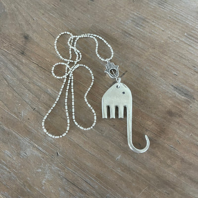 Fork elephant pendant necklace with Hamsa hand charm on silverplate chain - handcrafted from upcycled vintage silverware - Laughing Frog Studio