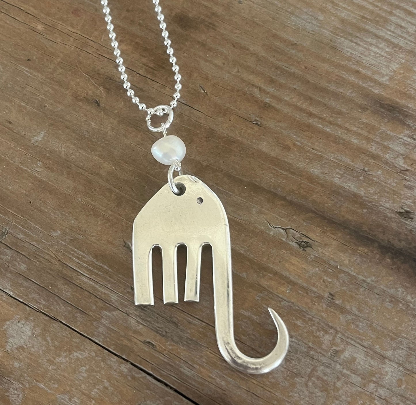 Fork elephant pendant necklace with cultured pearl on silverplate ball chain - handcrafted from upcycled vintage silverware - Laughing Frog Studio
