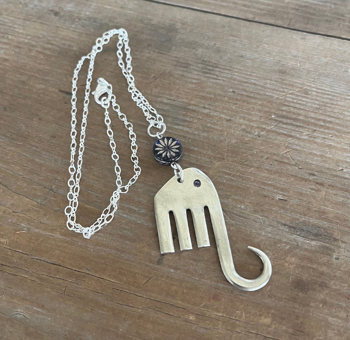 Fork elephant pendant necklace with purple glass disc bead on silverplate chain - handcrafted from upcycled vintage silverware - Laughing Frog Studio