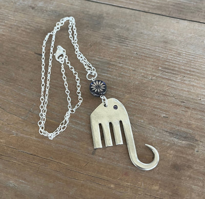 Fork elephant pendant necklace with purple glass disc bead on silverplate chain - handcrafted from upcycled vintage silverware - Laughing Frog Studio