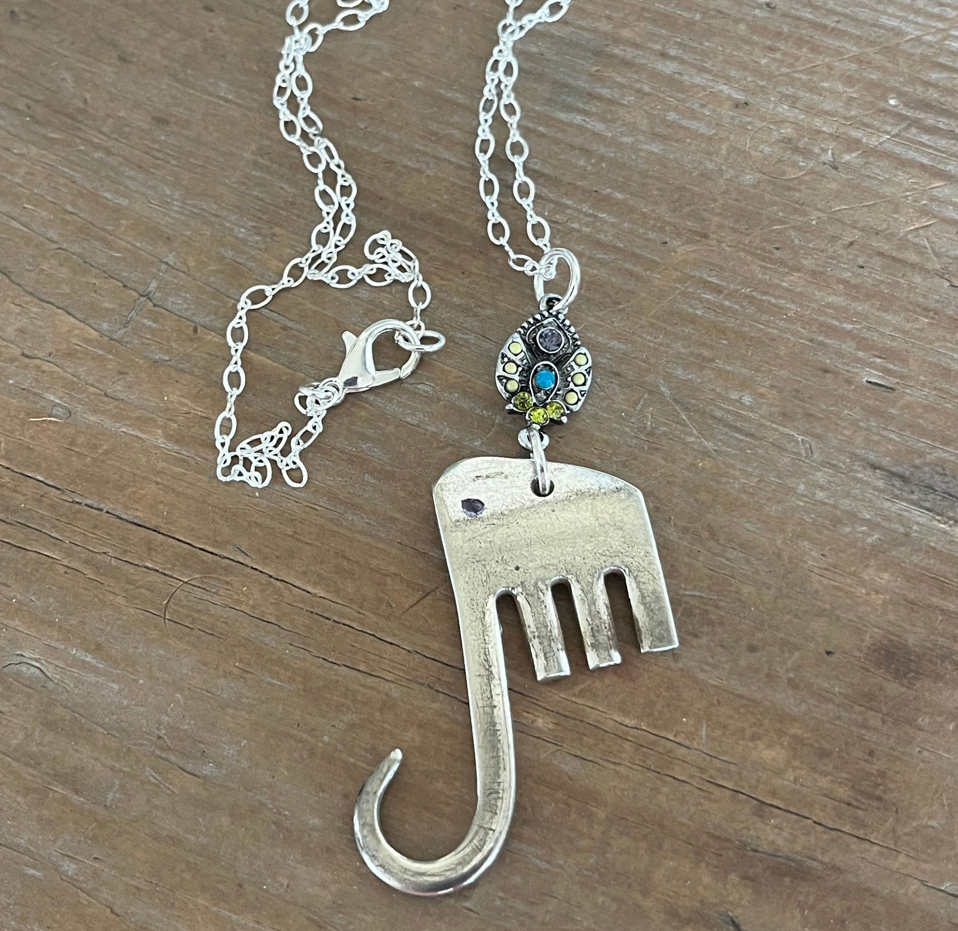 Fork elephant pendant necklace with multicolor rhinestone charm on silverplate chain - handcrafted from upcycled vintage silverware - Laughing Frog Studio