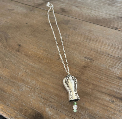Knife bell necklace with green bead clapper - handcrafted from upcycled vintage silverware - Laughing Frog Studio