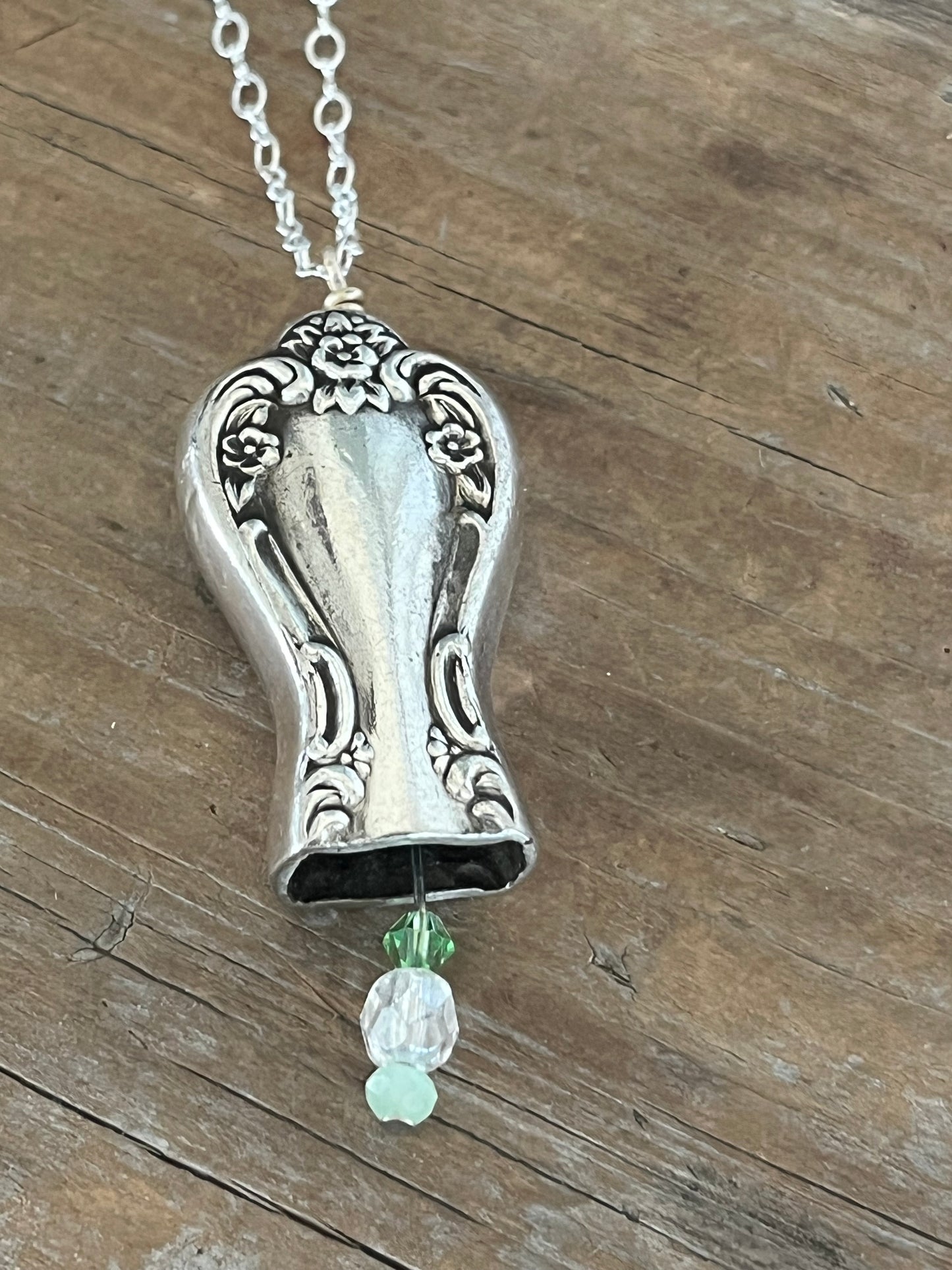 Vintage silverplate knife bell necklace side view - handcrafted from upcycled vintage silverware - Laughing Frog Studio