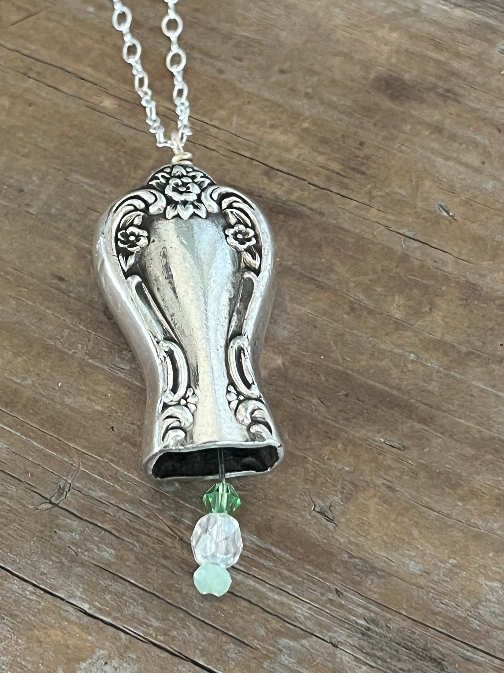 Vintage silverplate knife bell necklace side view - handcrafted from upcycled vintage silverware - Laughing Frog Studio