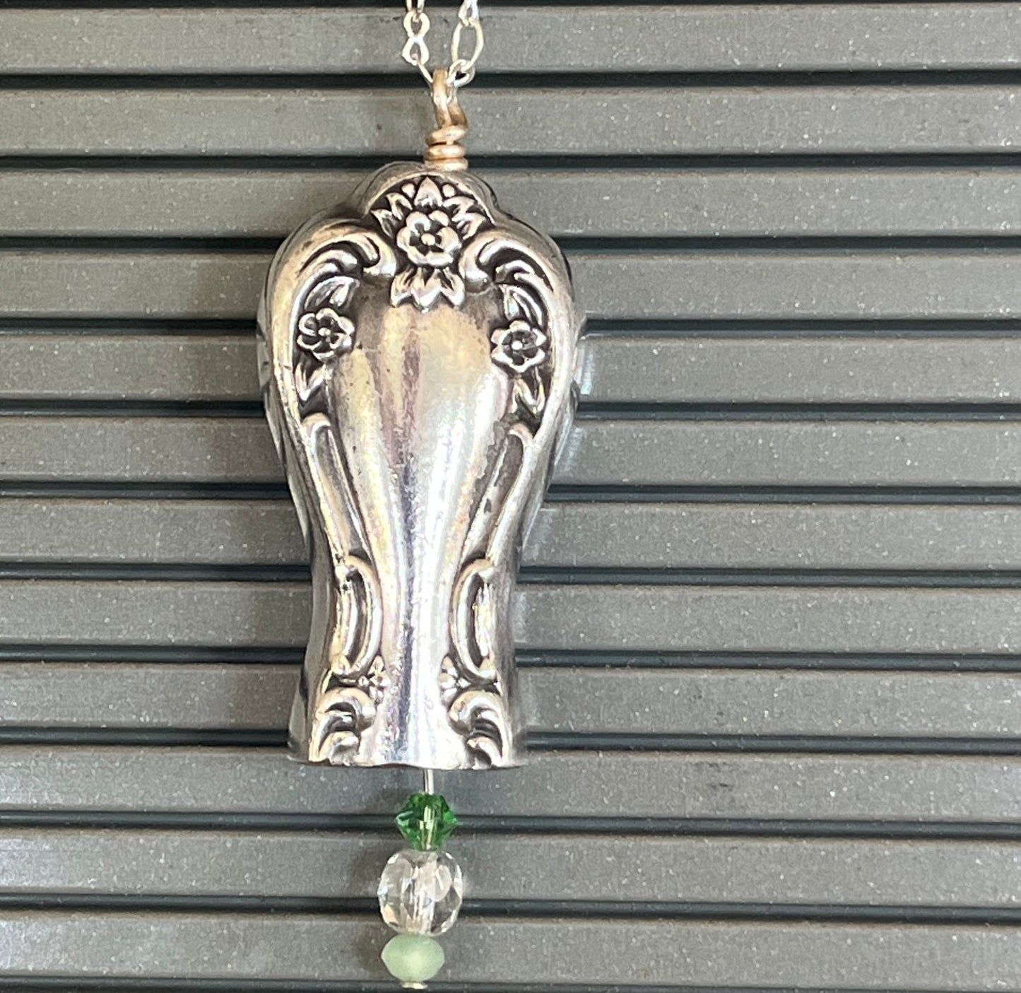 Daybreak pattern knife bell pendant with spring green beads detail - handcrafted from upcycled vintage silverware - Laughing Frog Studio