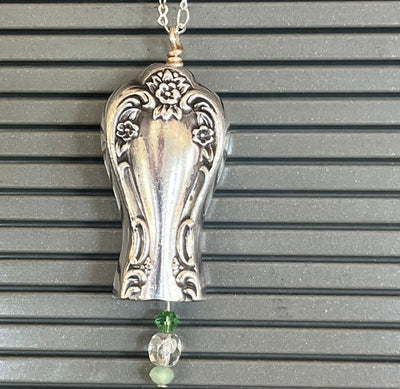 Daybreak pattern knife bell pendant with spring green beads detail - handcrafted from upcycled vintage silverware - Laughing Frog Studio