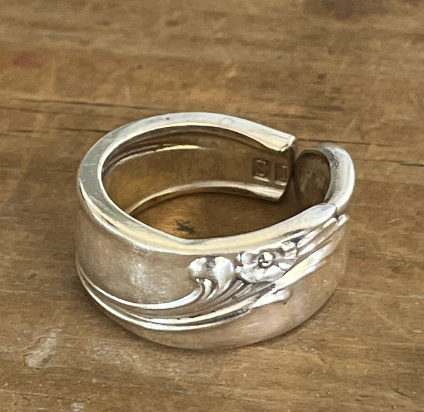 Rogers & Bros. Exquisite spoon ring top view - silverplate spoon ring - handcrafted from upcycled vintage silverware - Laughing Frog Studio