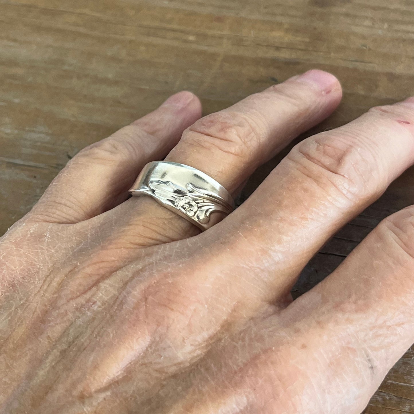 Exquisite spoon ring worn on hand - silverplate spoon ring - handcrafted from upcycled vintage silverware - Laughing Frog Studio