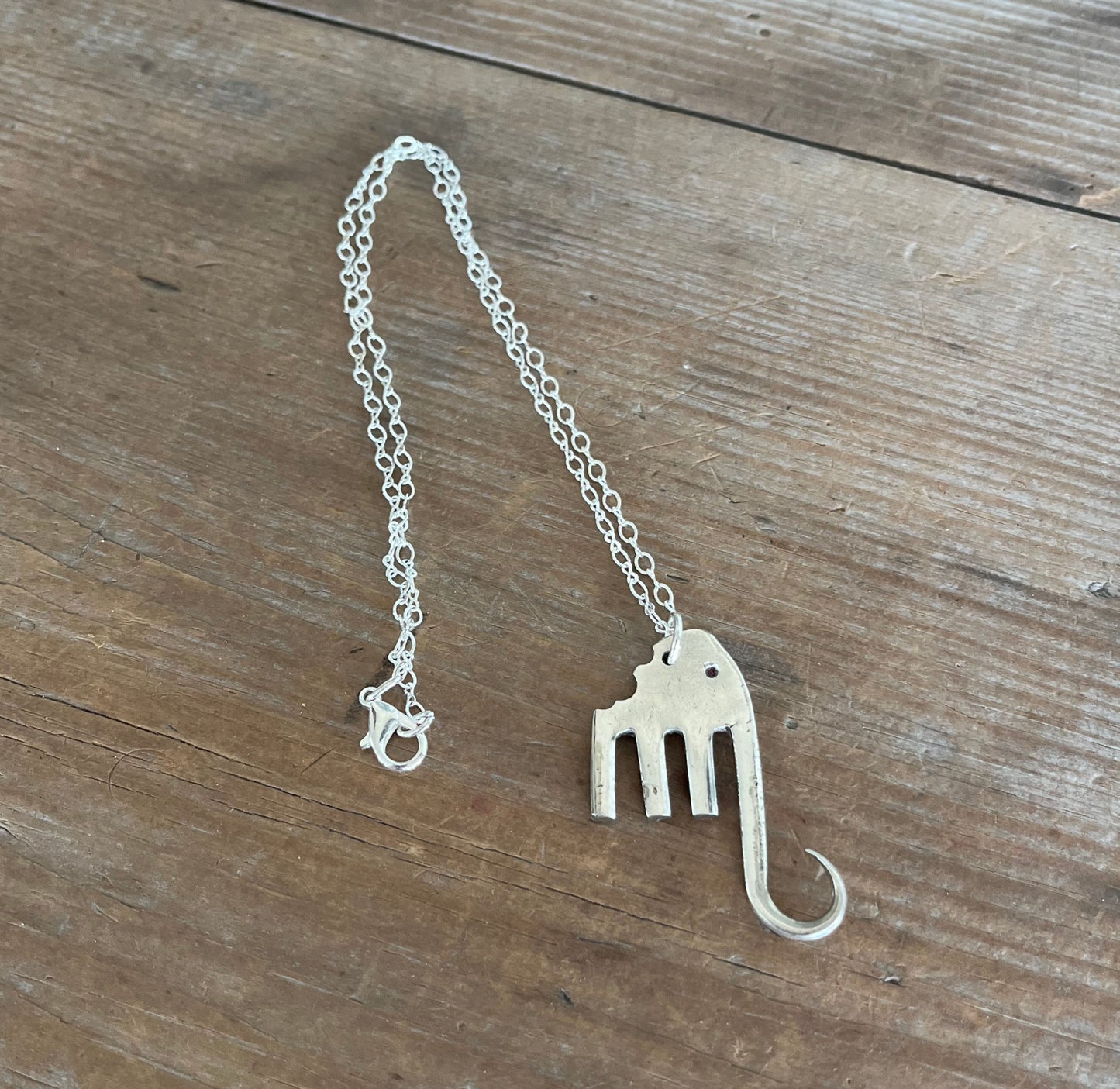 Full view of fork elephant necklace with silverplate chain and lobster clasp - handcrafted from upcycled vintage silverware - Laughing Frog Studio